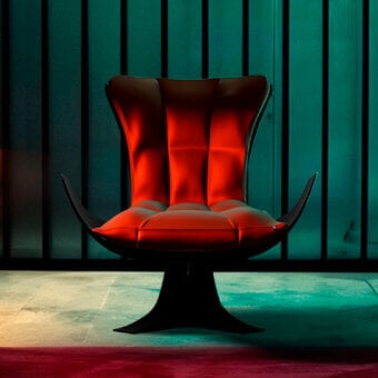 Superior Joker Throne lounge chair with hand-sculpted fiberglass shell upholstered in glossy quilted red velvet with dark metal accents