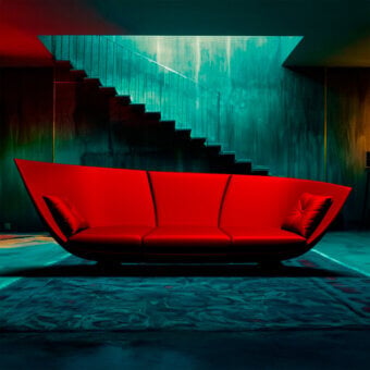 Distinctive Joker Home Collection sofa with vibrant red velvet upholstery and a contemporary sculptural design crafted in Italy