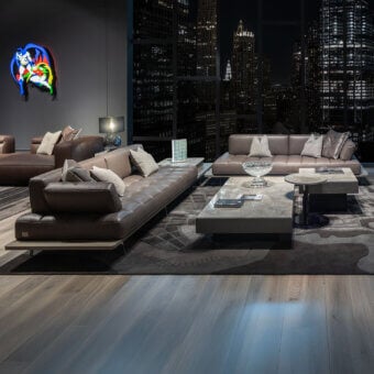 Superior WAYNE Enterprises WE-029 sectional in dark brown Italian leather with rich veneer and lacquered feet