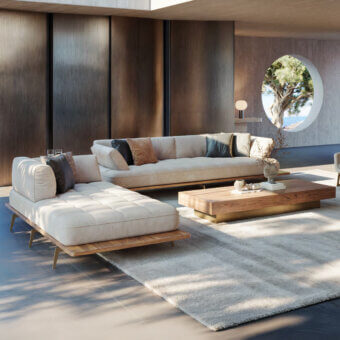 Exceptional WAYNE Enterprises WE-029 sectional with Italian leather upholstery and rich veneer in a matte finish