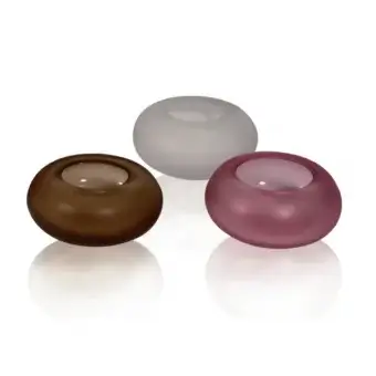 Murano glass candle holders, brown, white, rose, spherical shape with recessed tops, frosted texture, glossy white surface reflections.