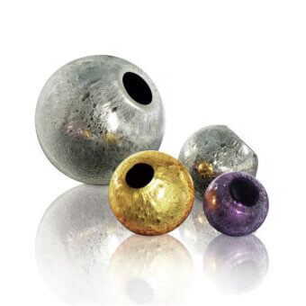 Murano glass vases, silver, gold, gray, purple, spherical shapes, textured surfaces, white reflective background, handcrafted technique.