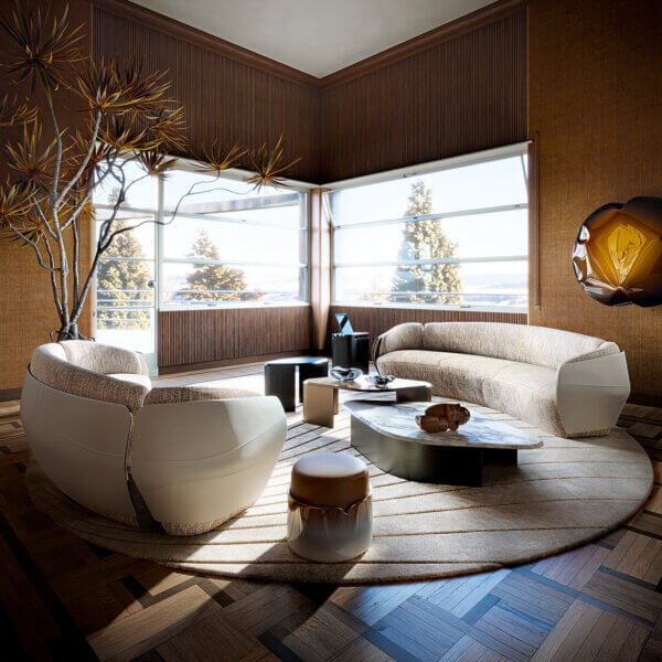Living room with cream Giorgetti sofa, brown leather ottoman, and curved armchair on beige rug, featuring wood paneling and parquet flooring.