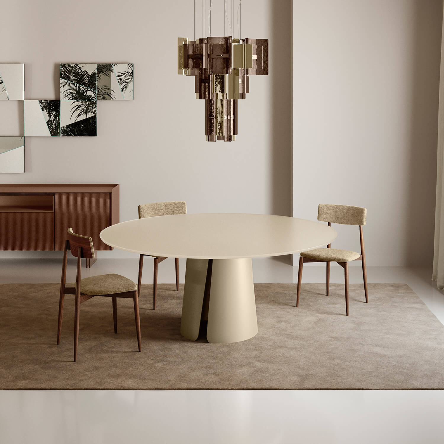 Dining room with beige round table, conical base, four chairs, taupe rug, bronze chandelier, palm frond artwork, and ribbed wood sideboard.