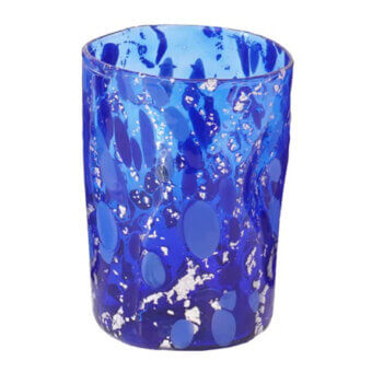 Blue & silver glass vessel, cylindrical shape with swirling silver inclusions, translucent texture, studio product shot on white background.