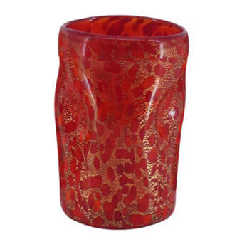 Red and gold glass vase, cylindrical shape, textured surface with mottled raised patterns, hand-blown with asymmetrical form and glossy finish.