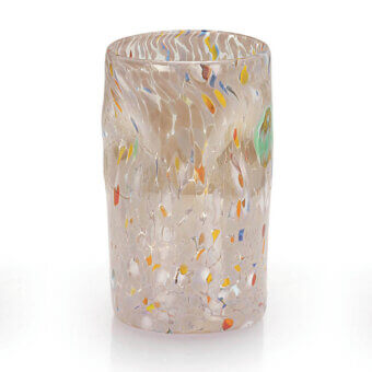 Glass vase, speckled amethyst, cylindrical shape with translucent beige glass, colorful inclusions, textured surface, and undulating rim.