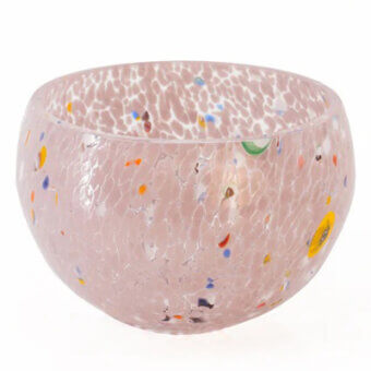 Amethyst glass bowl, translucent purple, rounded asymmetrical shape with colorful speckled glass fragments and crackled texture.