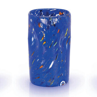 Blue glass vase with speckled pattern, cylindrical shape, flared rim, and textured surface displayed on a white background.