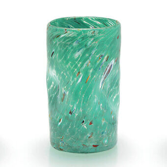 Green glass vase with spotted inclusions, cylindrical shape, slightly flared rim, studio product shot on white background.