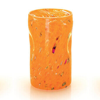 Orange glass vase with speckled inclusions and quilted texture, featuring a marbled rim and vertical pink streak on a white surface.