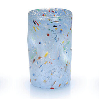 Glass vase, pale blue with multicolored inclusions, cylindrical shape and rippled texture, uneven rim, studio product shot.