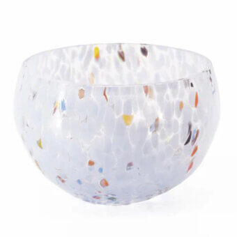 Glass bowl, periwinkle with spots, rounded honeycomb texture, studio shot, translucent colored glass with yellow, orange, red, blue, and black inclusions.