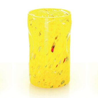 Yellow glass vase with spotted red, orange, and white inclusions, cylindrical shape, textured surface, and undulating rim.