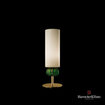 Elegant Barovier&Toso Gallia table lamp with beige speckled-gold fabric shade and swirling green glass detail crafted in polished golden metal