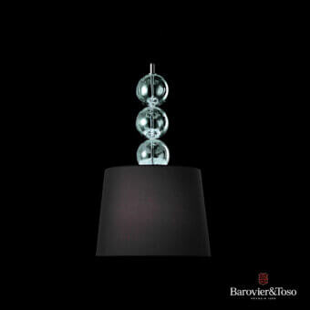 Distinguished Barovier&Toso Marta suspension lamp crafted in clear glass with silver metal and matte black textile lampshade