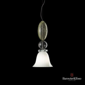 Elegant Barovier&Toso Perseus suspension lamp in translucent white with stacked green and dark ribbed glass accents and silver-toned metallic elements
