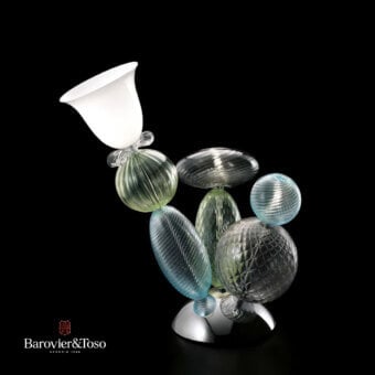 Exceptional Barovier&Toso Perseus lamp crafted in green, blue, and amber hand-blown Venetian crystal with a softly illuminated white shade