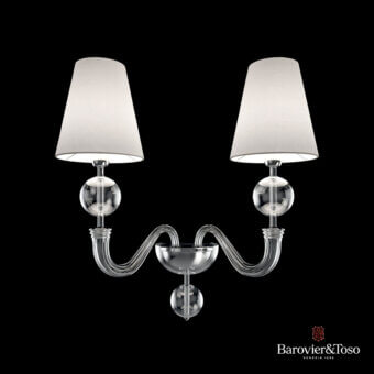 Vermont wall lamps, chrome finish, curved arms with beige conical shades and spherical glass details by Barovier&Toso Venezia 1295.