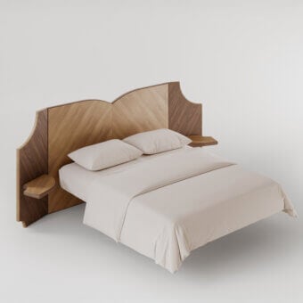 Exquisite Bolzan Letti Fiocco headboard crafted from carved Elm and Walnut with a satin finish, showcasing warm brown tones and a curved silhouette