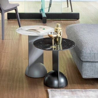 Refined Bonaldo Combination side table with dark mottled and light veined marble surfaces built upon a matte metal base