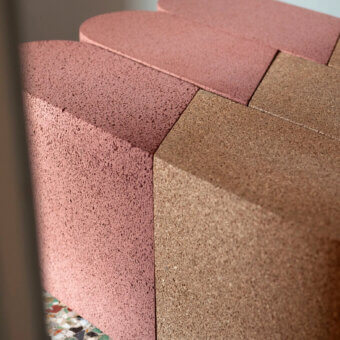 Exceptional Bross Slice Modular Coffee Table with chromatic division in textured cork and warm brown wood composite with matte finish