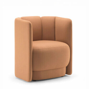 Lavish Bross Velia lounge chair with sculpted form upholstered in terracotta textile featuring vertical channeling and a floating base