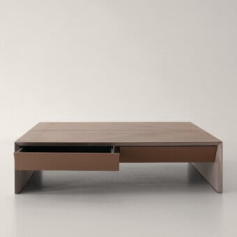 Exceptional Cierre1972 Avalon coffee table crafted in wood with matte brown-grey finish and subtle sheen on the tabletop with integrated drawers