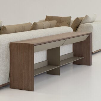 Distinguished Cierre1972 Avalon console in medium-brown wood with a satin finish and muted olive-green metal frame