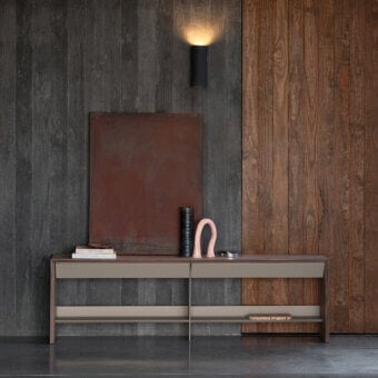 Exceptional Cierre1972 Avalon console crafted in contrasting light and dark wood with a satin finish