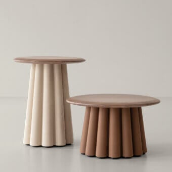 Exceptional Cierre1972 Budino side table with satin wood and a light beige vertically segmented base