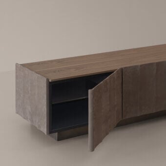 Captivating Cierre1972 Dune sideboard crafted in Italy with satin wood and textured synthetic material in a muted taupe tone