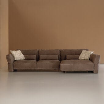 Exceptional Cierre1972 Loden sectional with textured muted brown textile upholstery and elegant leather piping