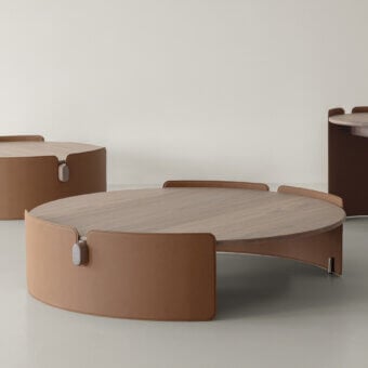 Captivating Cierre1972 Maori coffee table crafted in Italy with light-to-medium brown wood and reddish-brown matte synthetic material