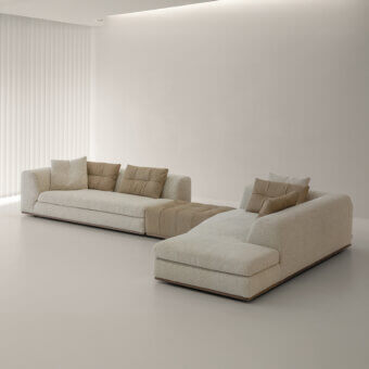 Distinguished Cierre1972 Montgomery sectional in textured neutral beige textile with smooth, leather-like accents and quilted modules