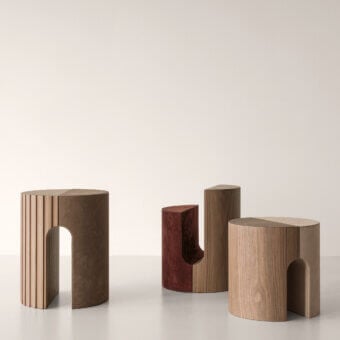 Exceptional Cierre1972 Twins side table crafted in warm medium brown wood with a satin finish and arched opening