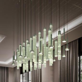 Superior Euroluce Abstract suspension lamp with textured aluminum and delicate borosilicate glass in a muted green-grey satin finish