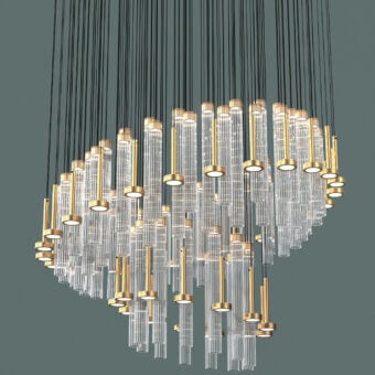 Superior Euroluce Astract suspension lamp with sculpted clear glass tubes and warm gold-toned textured aluminum finish