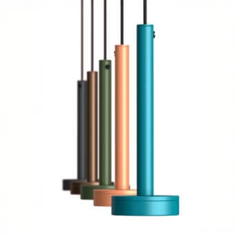 Elegant Euroluce Astral suspension lamp in teal, orange, dark gray, and olive green metal with a matte finish