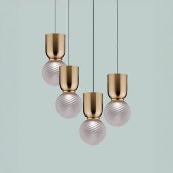 Distinguished Euroluce Atlas suspension lamp with warm gold metal and textured ribbed glass construction