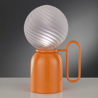 Exceptional Euroluce Atlas lamp with a vibrant orange glossy plastic base and translucent swirling glass lampshade