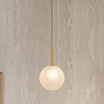 Elegant Euroluce Bubbles suspension lamp crafted in frosted glass with a satin gold-toned metal stem diffusing a creamy white glow