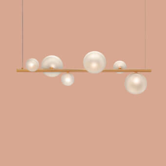 Superior Euroluce Bubbles Suspension Lamp, a fixture crafted in Italy with luminous glass spheres and satin gold metal
