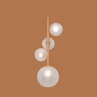 Superior Euroluce Bubbles suspension lamp crafted in frosted glass with a warm gold metallic rod and satin finish
