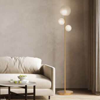 Superior Euroluce Bubbles floor lamp with cascading frosted white glass shades in warm gold satin metal finish