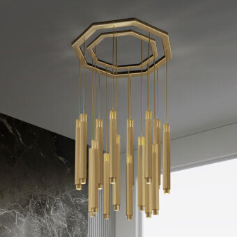 Architectural Euroluce Castel suspension lamp crafted in metal with a striking golden finish and descending light tubes