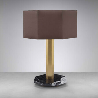 Captivating Euroluce Castel table lamp with black and white marbled base and satin-finish metal crafted with a muted brown textile lampshade