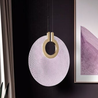 Distinguished Euroluce Corallo suspension lamp with pale pinkish-white textured glass and refined gold-tone metallic ring crafted in Italy
