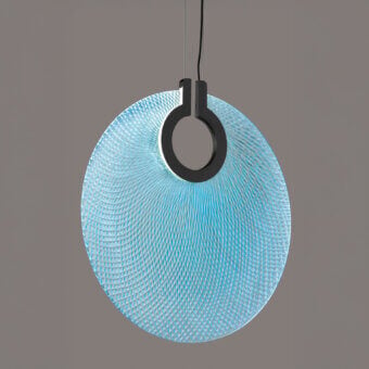 Distinctive Euroluce Corallo suspension lamp in pale light blue translucent glass with a hand-ground textured surface and matte black metal ring