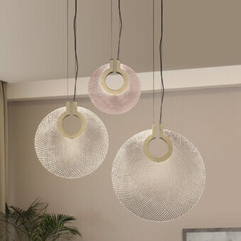 Exceptional Euroluce Corallo suspension lamp crafted in pale off-white glass with a satin gold-toned metal ring and hand-ground finish